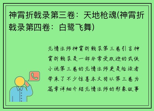 神霄折戟录第三卷：天地枪魂(神霄折戟录第四卷：白鹭飞舞)